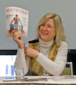 Cheryl Woodard with the first issue of Macworld, a magazine she founded.